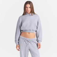 COTTON FLEECE CROPPED HOODIE WITH EMBOSSED LOGO | HEATHER GREY