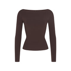 COTTON JERSEY LONG SLEEVE BOATNECK TOP | ESPRESSO