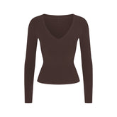 COTTON JERSEY V NECK LONG SLEEVE TOP | ESPRESSO