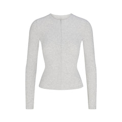 COTTON RIB ZIP UP TOP | LIGHT HEATHER GREY