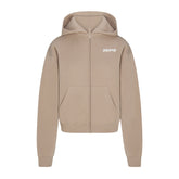 COTTON FLEECE ZIP UP HOODIE WITH EMBOSSED LOGO | LATTE