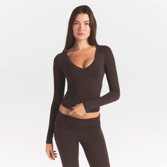 COTTON JERSEY V NECK LONG SLEEVE TOP | ESPRESSO