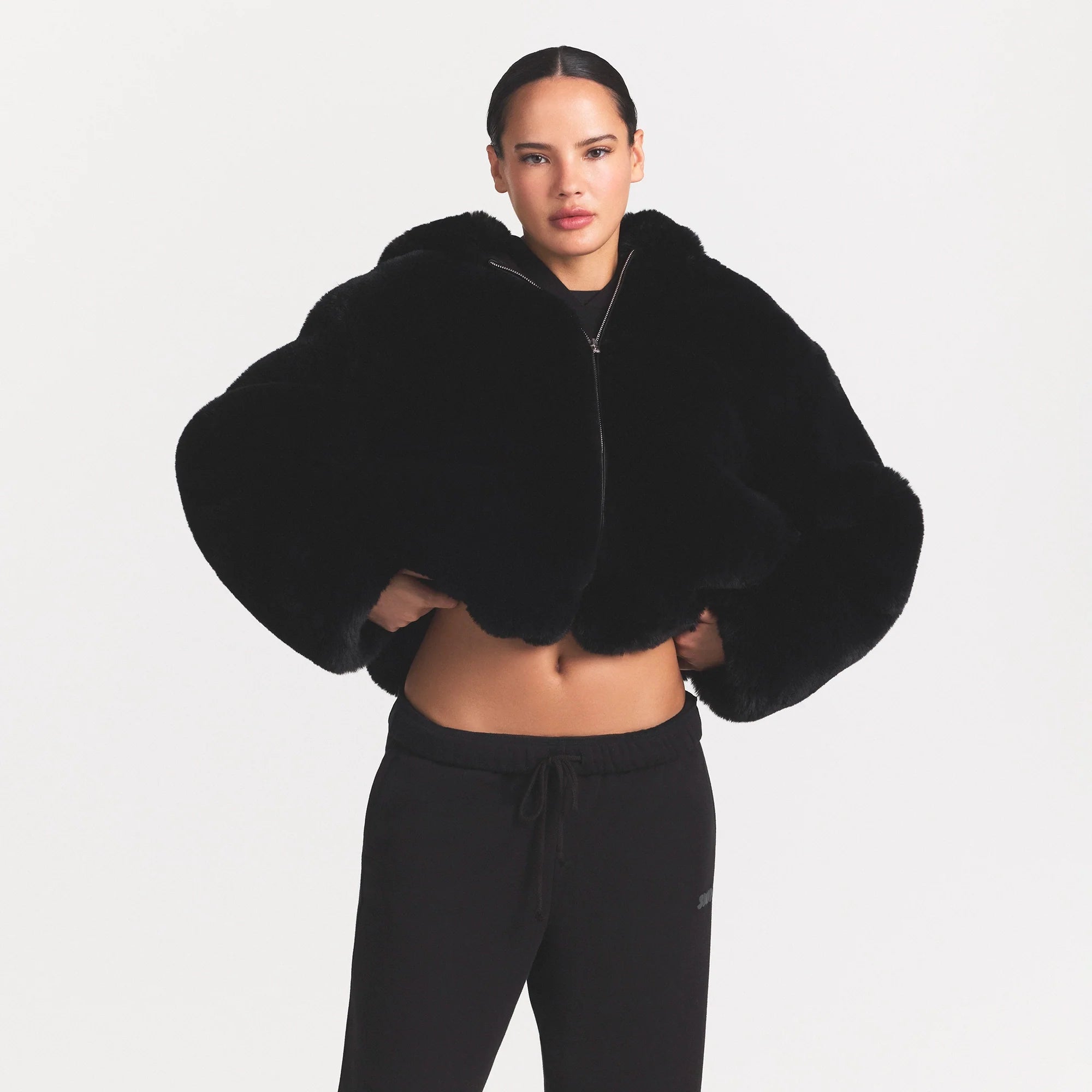 FAUX FUR HOODED ZIP UP JACKET | ONYX