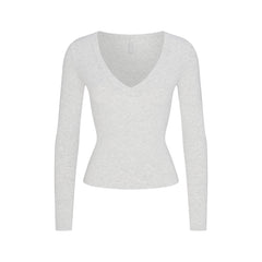 COTTON JERSEY V NECK LONG SLEEVE TOP | LIGHT HEATHER GREY