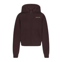 COTTON FLEECE ZIP UP HOODIE WITH EMBOSSED LOGO | ESPRESSO