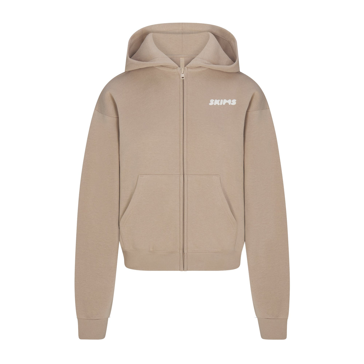 COTTON FLEECE ZIP UP HOODIE WITH EMBOSSED LOGO | LATTE