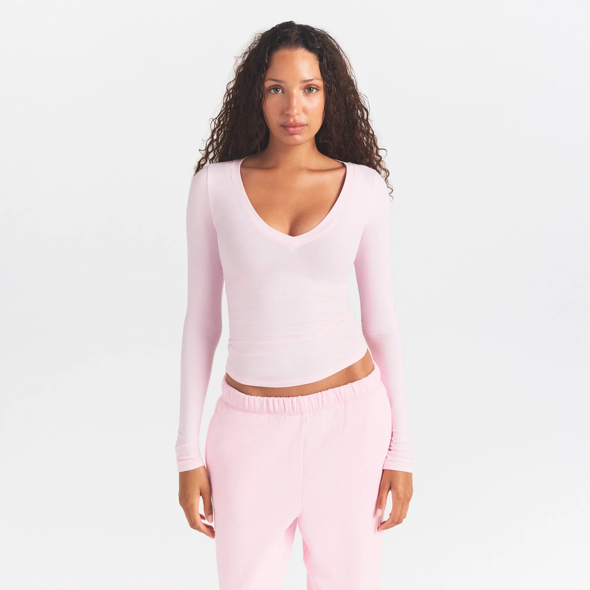 COTTON JERSEY V NECK LONG SLEEVE TOP | CHERRY BLOSSOM