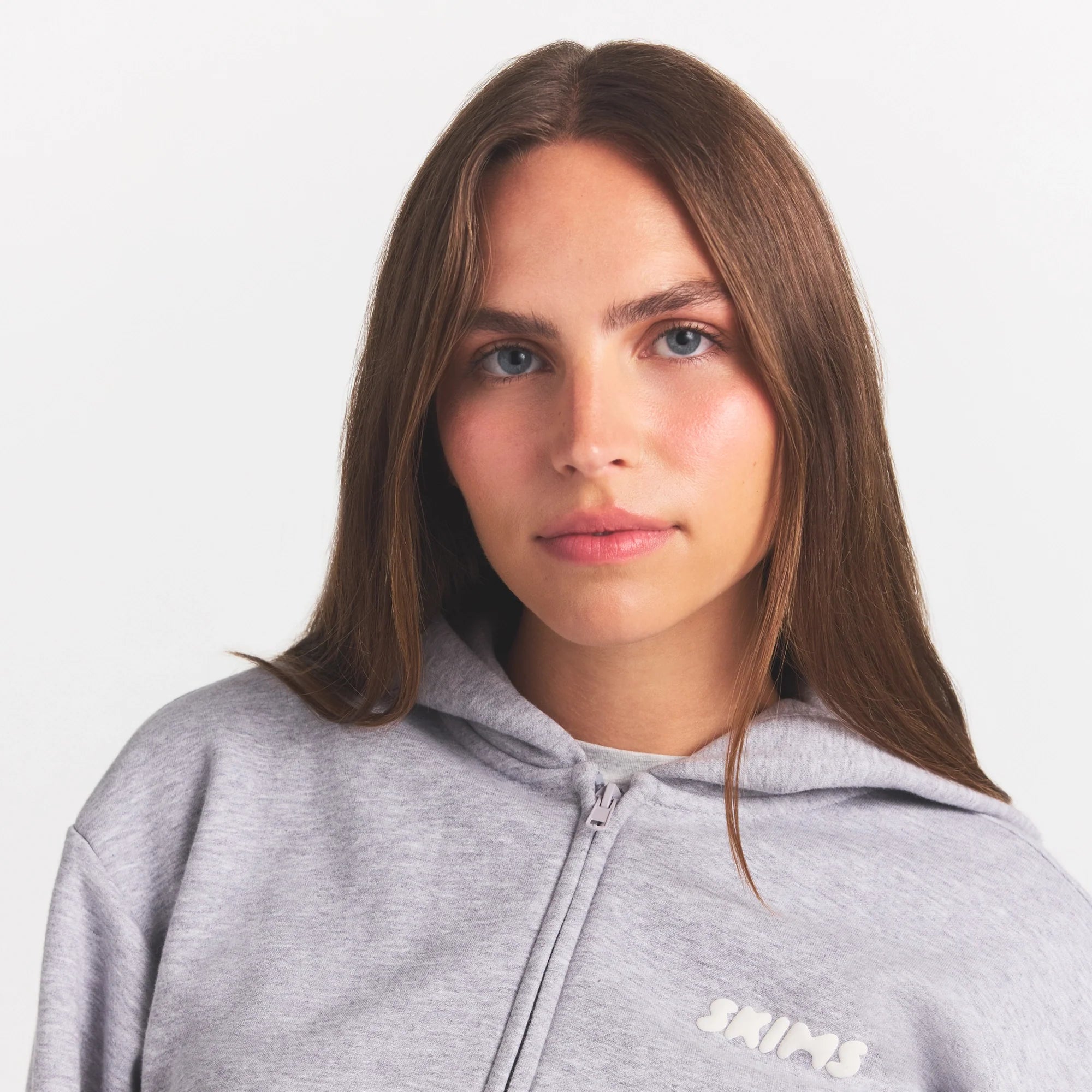 COTTON FLEECE ZIP UP HOODIE WITH EMBOSSED LOGO | HEATHER GREY